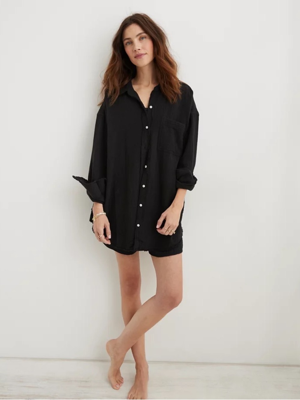 NWT Aerie Gauzy Coverup Shirt in True Black Size Medium